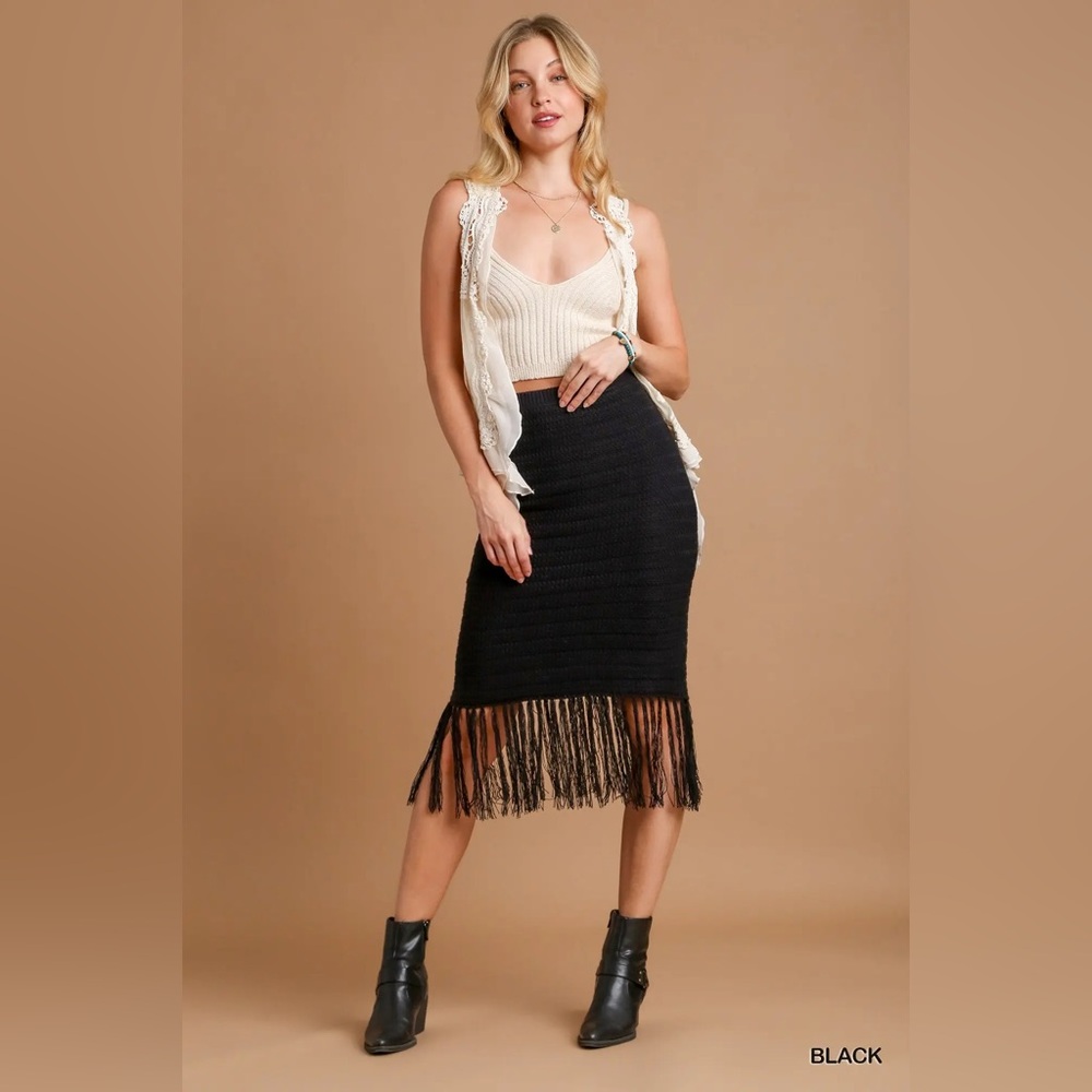 Umgee Black Fringe Crochet Skirt with Frey Hem - Picture 2 of 5